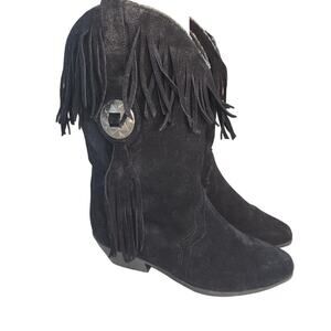 Silver Star Suede Mid Calf Fringe Cowboy Boots Western Cowgirl Fringed Houston